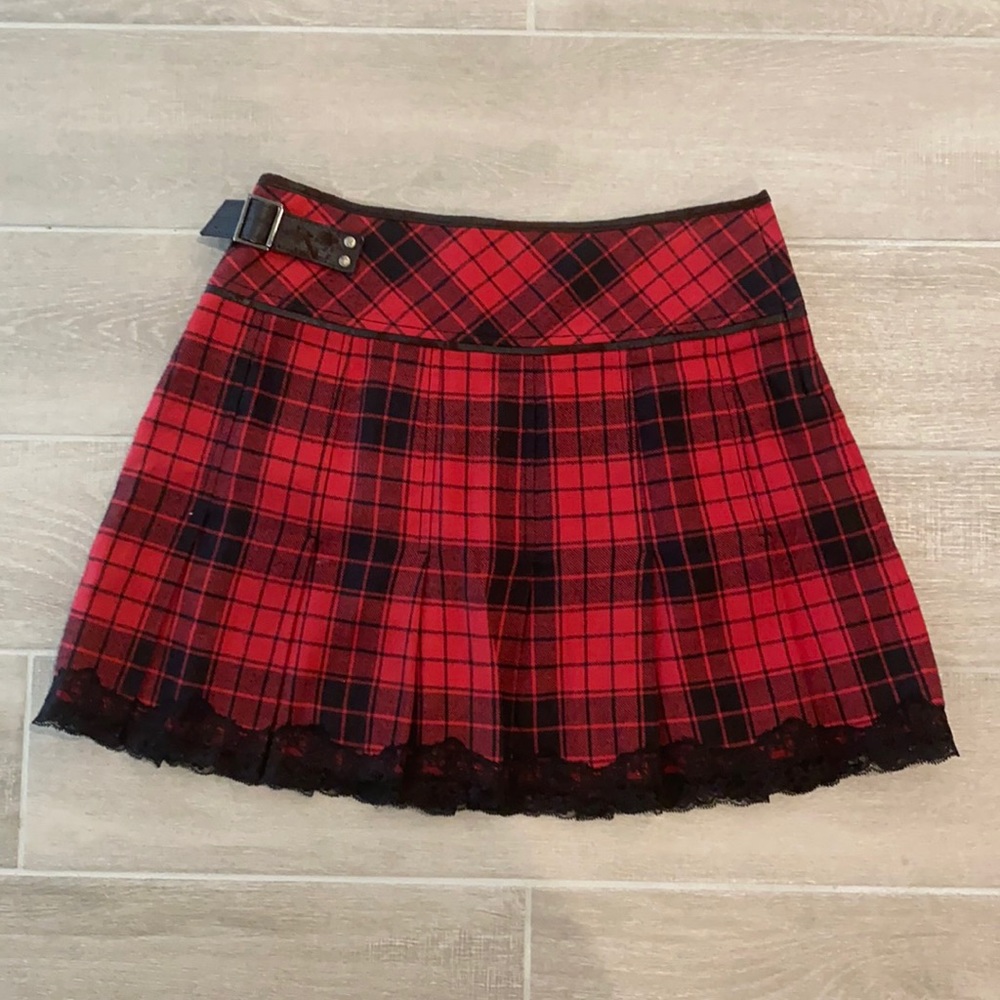 BNX Red Skirt with plaid pattern.